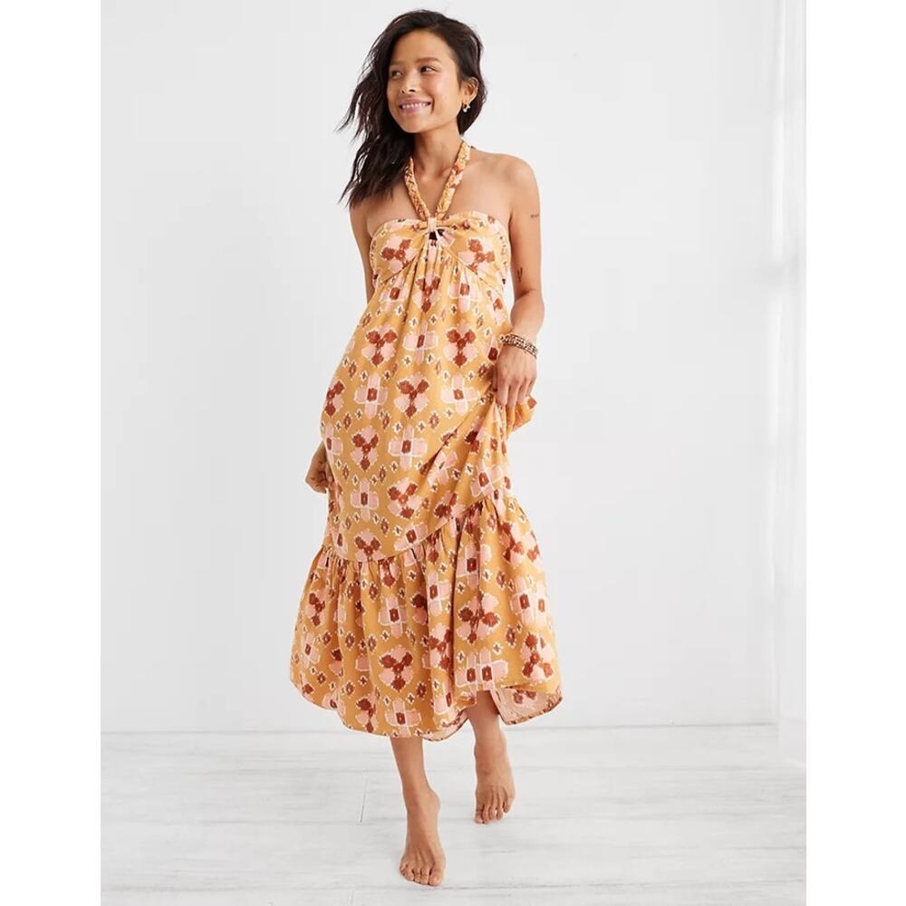 NWT Aerie High Low Halter Maxi Sundress Mustard Yellow Batik Linen Size XL - Picture 1 of 5